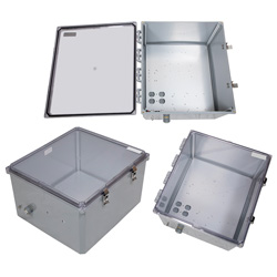 18×16×10英寸（45.7×40.6×25.4厘米）NEMA-4X级防风雨聚碳酸酯接线盒，改进式底板钻孔安装，透明盒盖，深灰的图片
