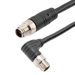 超6类经济型IP67防护等级M12 8针X编码屏蔽户外级线缆组件，直角M12公头/M12公头，26AWG导体，VW-1阻燃等级PVC护套，黑，15米的图片